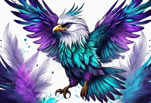 Phenoix on hip down into thigh with feathers that have teal purple and blue tattoo idea