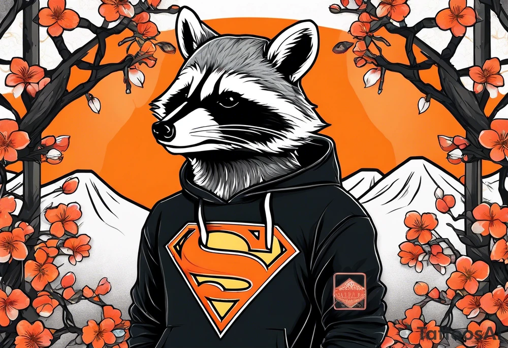 Raccoon wearing a white Superman logo on a black hoodie and orange Japanese cherry blossoms beside tattoo idea