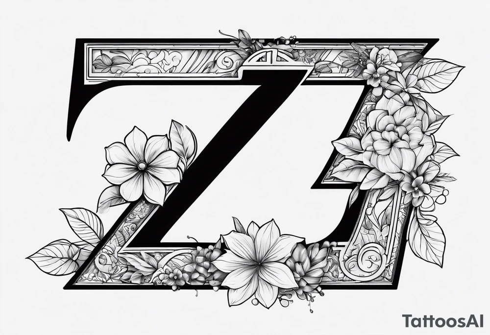 A tattoo in the shape of the number 7. The top horizontal line that forms the 7 is made of the word December. Across the 7 is the number 2024. Include flowers for the month of july and september tattoo idea