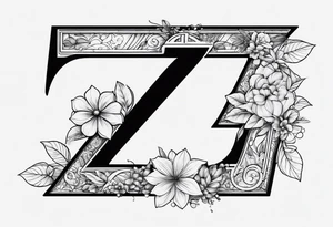 A tattoo in the shape of the number 7. The top horizontal line that forms the 7 is made of the word December. Across the 7 is the number 2024. Include flowers for the month of july and september tattoo idea