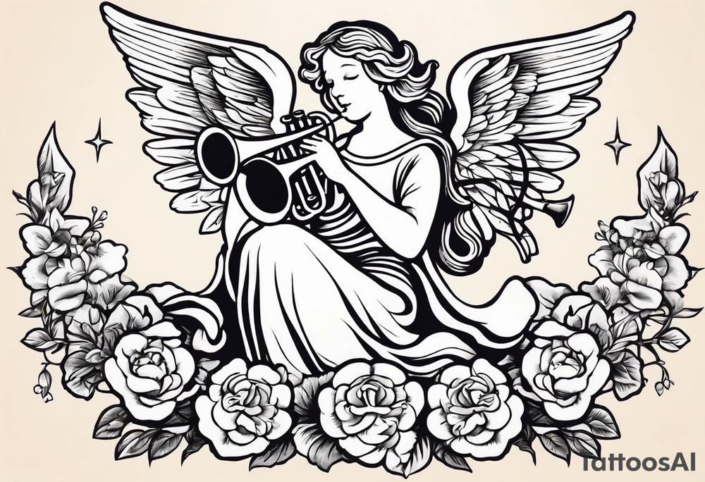 angel with trumpet
old school vintage simple traditional design with vintage flowers surrounding it bold color simple tattoo idea