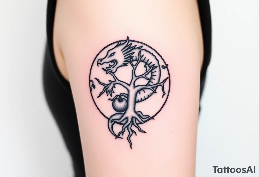 a dragon forming a circle with its body.  the dragon encircles the tree of life.   the tree of life has fruit  and the dragon is eating the fruit. the roots of the tree are strangling the tail of the dragon tattoo idea