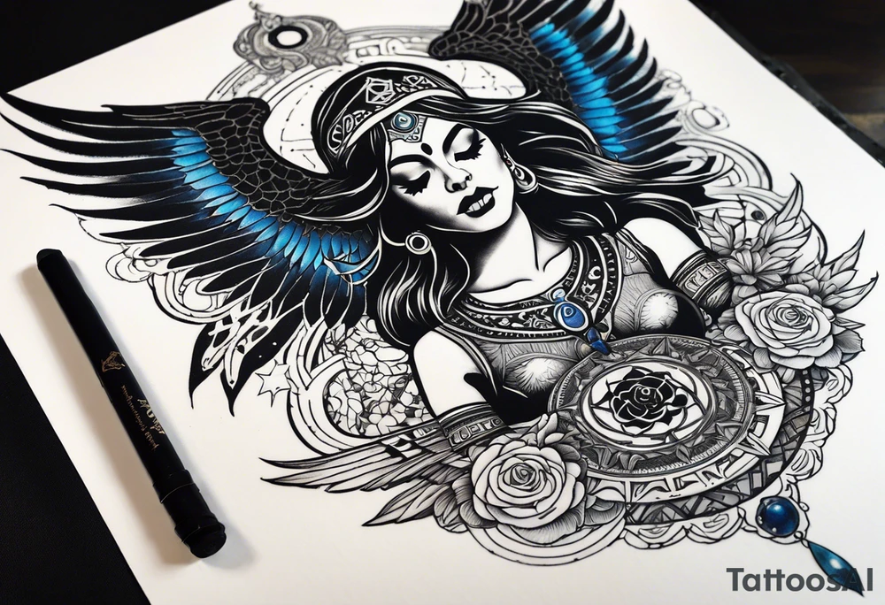 black kali, goddess pirate, alien, angel, pachamama, valkrye, warrior, flying, skull, lotus azul, wing, eagle, zenza resonance, stars, 5D, anahata chakra, death, durga, riding on a tiger, flying lady, chest tatoo tattoo idea
