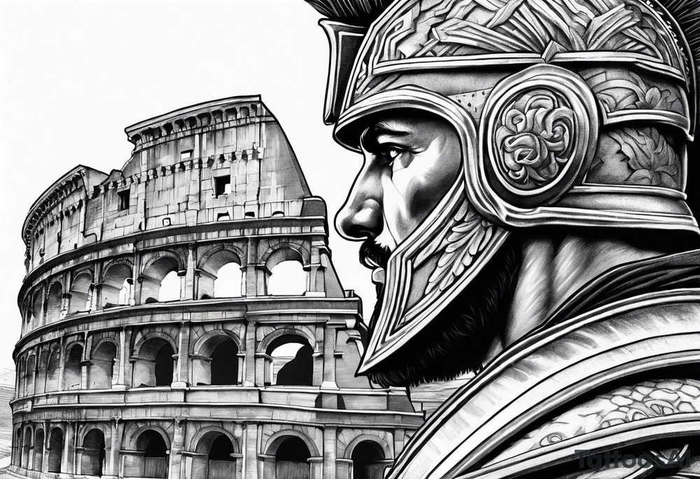 Side profile of spartan soilder looking at distant Roman colosseum tattoo idea