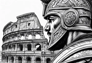 Side profile of spartan soilder looking at distant Roman colosseum tattoo idea