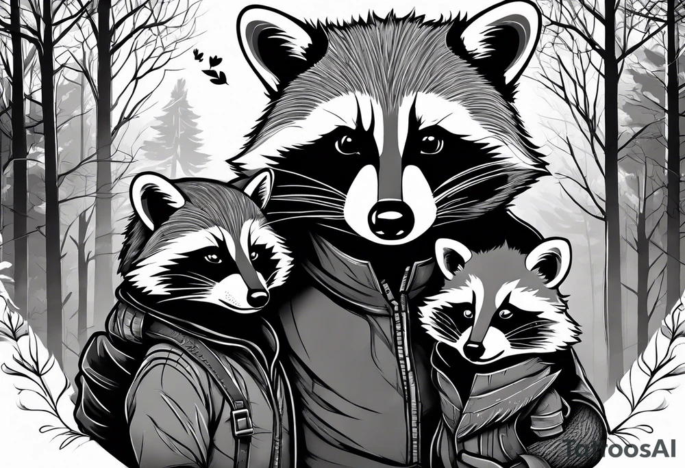 Very detailed Raccoon Husband with wife and child.
Background modern House between woods tattoo idea