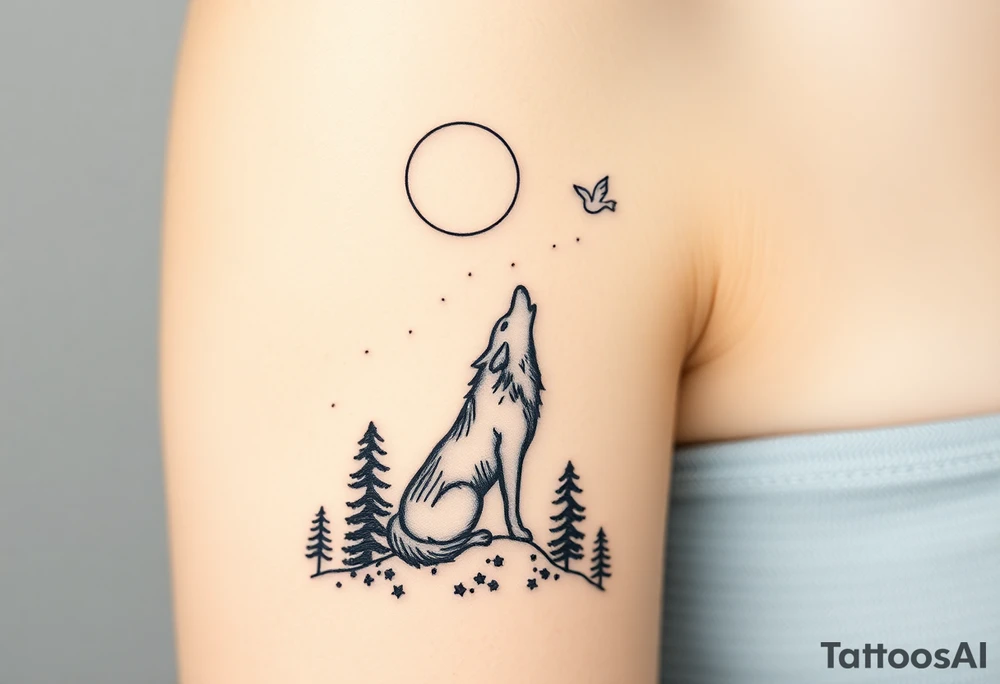 Lone wolf howling at the moon stars in the night sky in a forest with a little dove in the sky tattoo idea