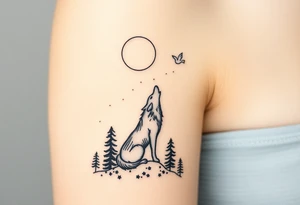 Lone wolf howling at the moon stars in the night sky in a forest with a little dove in the sky tattoo idea