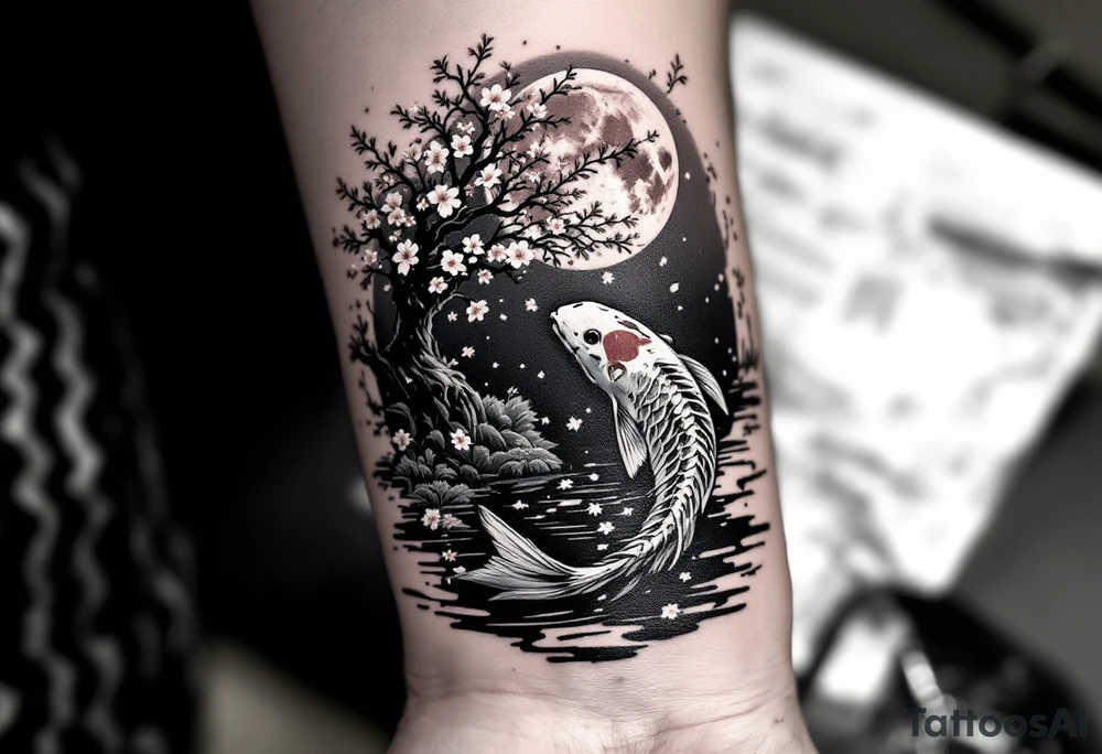 koi fish swimming up stream a pond moonlight by a blood moon with a sakura tree by the pond and its leaves are falling tattoo idea