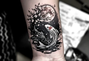 koi fish swimming up stream a pond moonlight by a blood moon with a sakura tree by the pond and its leaves are falling tattoo idea