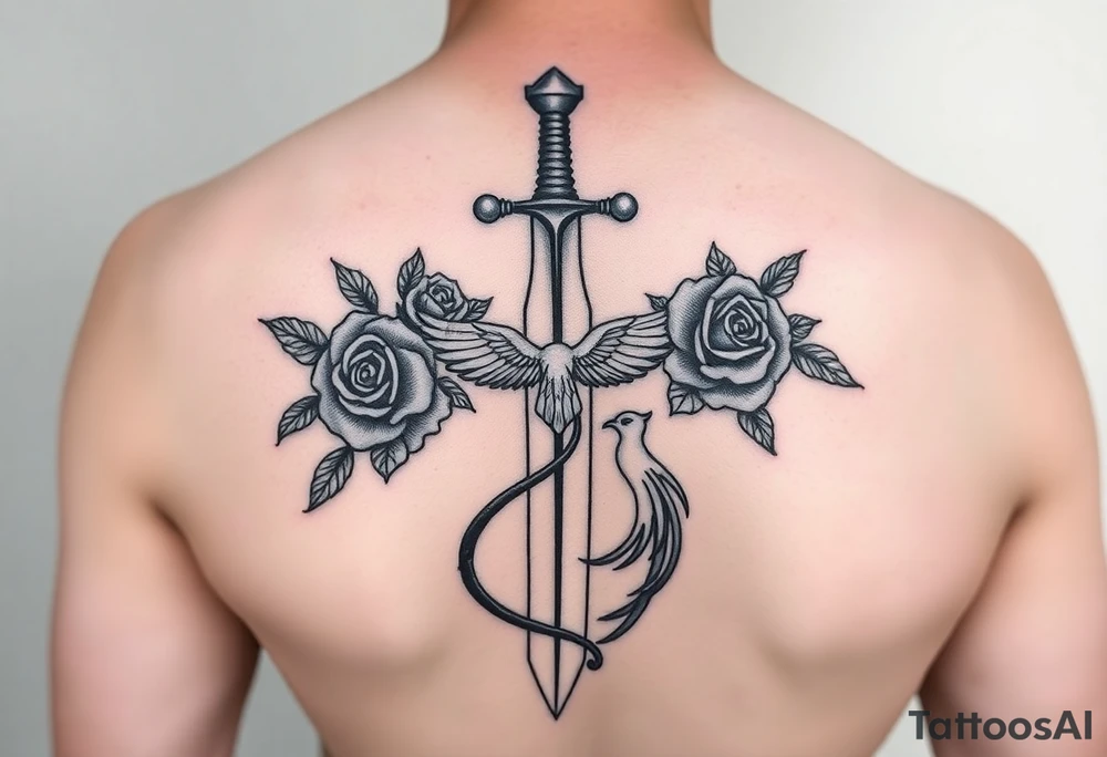 Cross sword on arm darkened in with roses pearls on the sword and a small phoenix rising from the ashes feminine tattoo idea