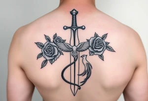 Cross sword on arm darkened in with roses pearls on the sword and a small phoenix rising from the ashes feminine tattoo idea