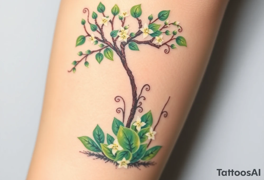 Lilly of the vally plants on the ground underneath a blooming hawthorn tree tattoo idea