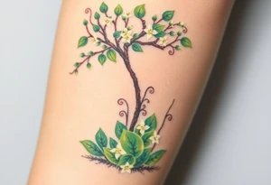 Lilly of the vally plants on the ground underneath a blooming hawthorn tree tattoo idea