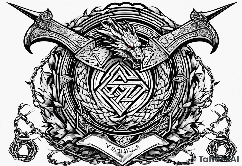 Valhalla sword shield dragon axe Valknut barbed wire chains tattoo idea