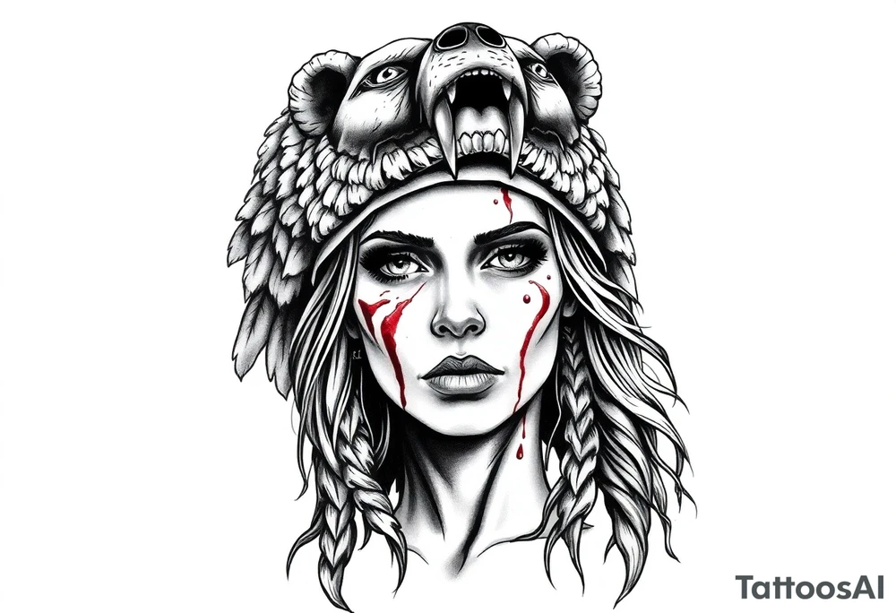 Beautiful Woman with battle scars and blood on face wearing dead bear headdress on head tattoo idea