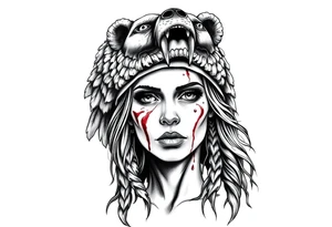 Beautiful Woman with battle scars and blood on face wearing dead bear headdress on head tattoo idea