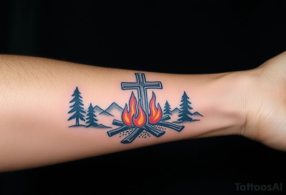 Campfire with cross include the great outdoors and night sky make sure cross doesn't look like it is on fire tattoo idea