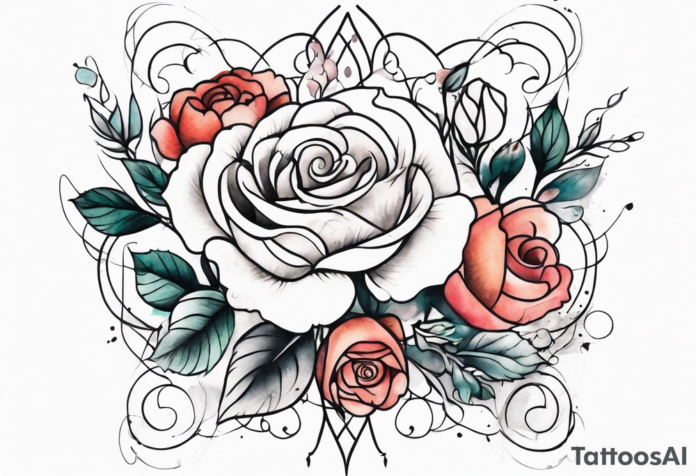 front knee tattoo with flowers & roses, swirls & water washes, background washes tattoo idea