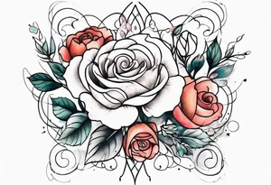 front knee tattoo with flowers & roses, swirls & water washes, background washes tattoo idea