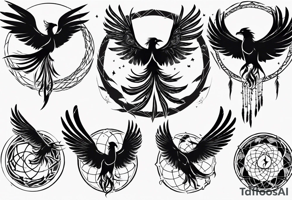 Vertical open mouthed flying Phoenix in circle with abstract dream catcher tail tattoo idea