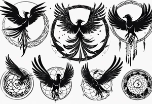 Vertical open mouthed flying Phoenix in circle with abstract dream catcher tail tattoo idea