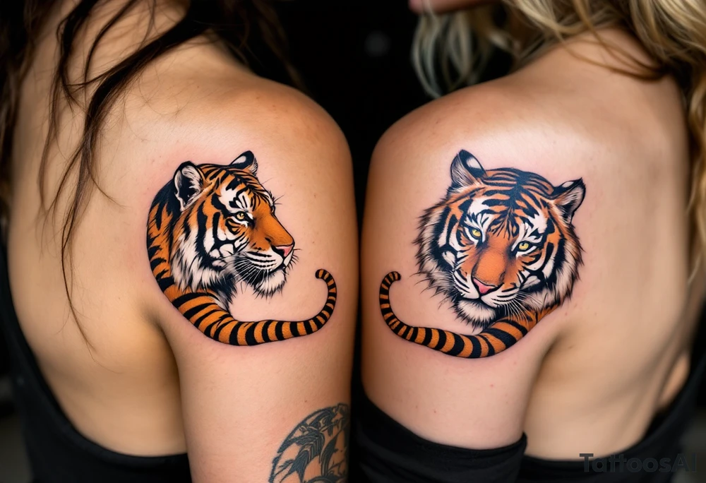Matching couple orange and black tiger stripes wrapping around both partners upper arms tattoo idea