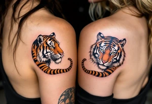Matching couple orange and black tiger stripes wrapping around both partners upper arms tattoo idea