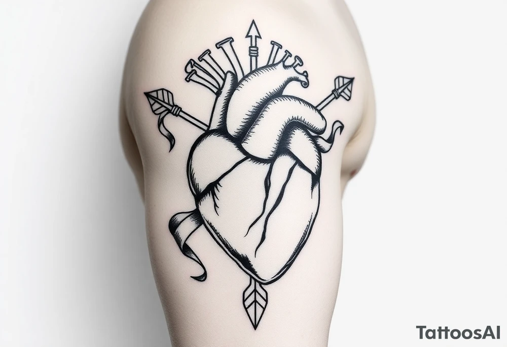 anatomical heart pierced by ornate arrow with flowing ribbons tattoo idea
