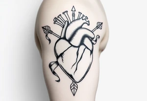 anatomical heart pierced by ornate arrow with flowing ribbons tattoo idea