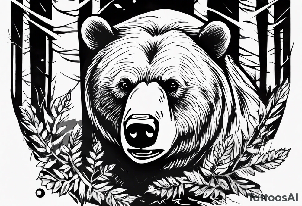 bear head, forest, lake, appalachia, arm sleeve tattoo tattoo idea