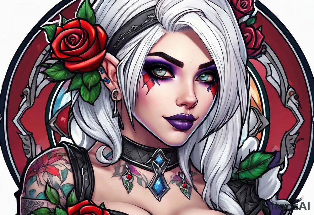 night elf from world of warcraft designed like harley quin with white hair and roses tattoo idea