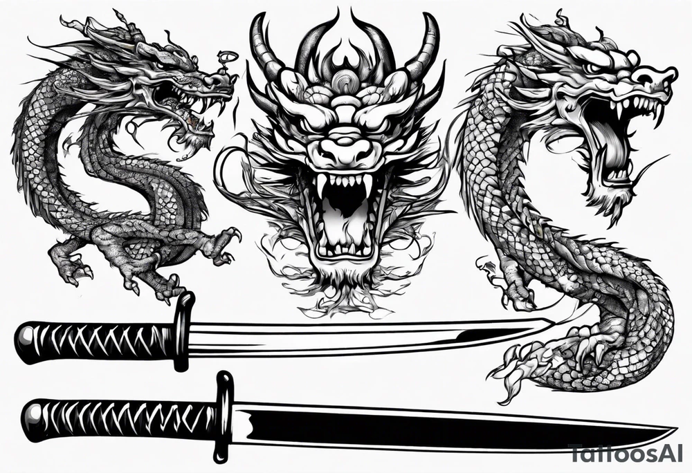 japanese dragon plays with katana tattoo idea