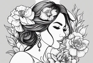 Woman surrounded by One carnation
One snow drop
One iris
One poppy
One cosmo
One narcissus tattoo idea
