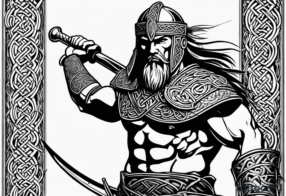 Sideways facing full body shot of a Celtic warrior with weapons unsheathed tattoo idea