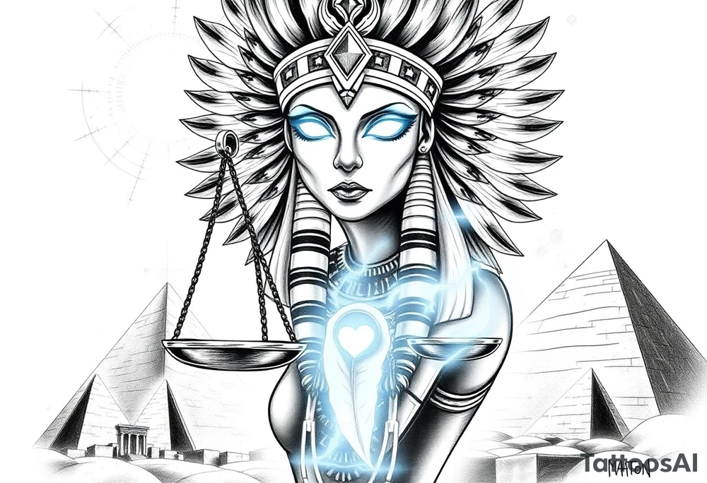Beautiful Egyptian goddess woman, depicted as a regal woman with an ostrich feather headdress, intense glowing eyes, and intricate ancient Egyptian jewelry. She stands or floats amidst swirling cosmic energy and beams of light, with subtle hieroglyphics and pyramids in the background. Incorporate the Scales of Justice—one side holding a heart, the other Ma’at’s feather—glowing with ethereal energy. Emphasize dramatic lighting, deep shadows, and surreal, mystical atmosphere to match a sleeve with Anubis and cosmic motifs. Design should flow with existing sleeve art, using soft transitions and layered textures. tattoo idea