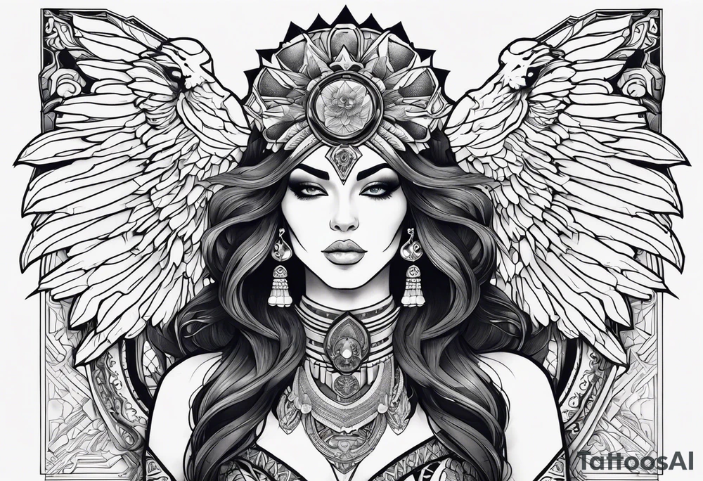 kali ma, alien goddess, valkrye, aries, pirate, divine feminine, zenza resonance, pachamama, lotus azul, blank panther, eagle, skull, 5D, nueva gaya, dna 12, left side chest tatoo tattoo idea