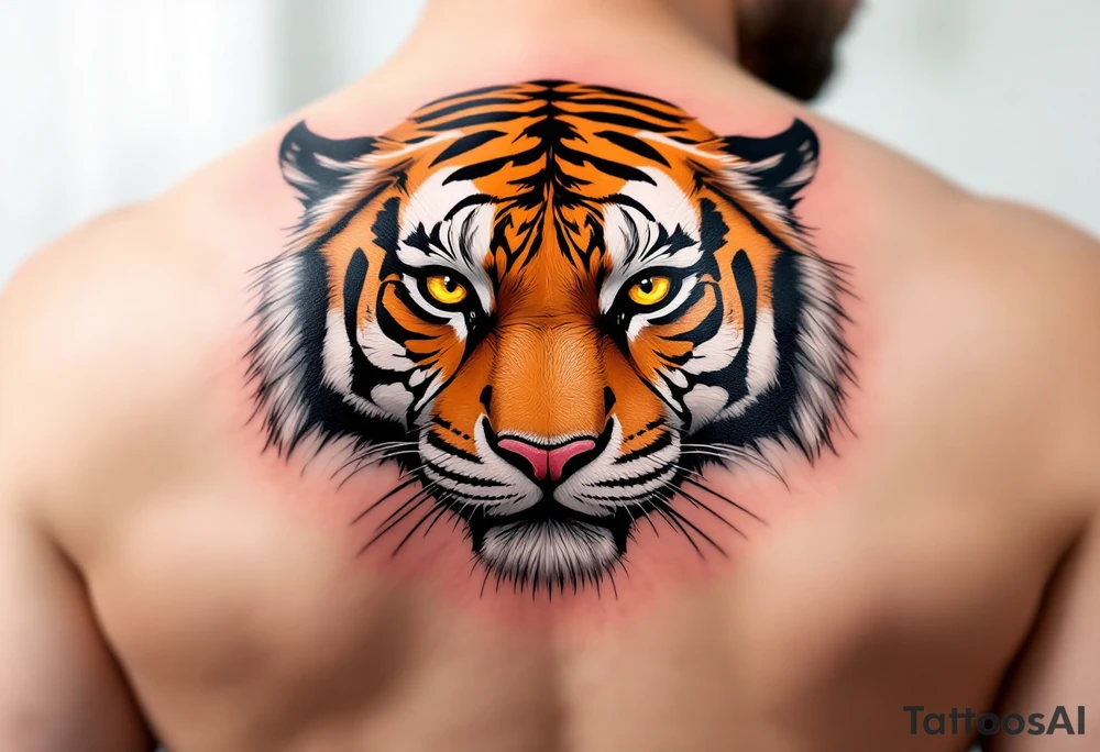 A full body tiger with piercing yellow eyes, fur detailed in deep orange, white, and jet black stripes include shadows as well tattoo idea