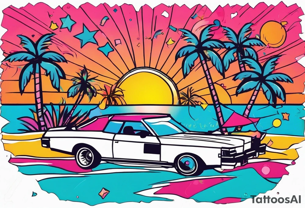 1980's miami vice style beach dance 
party, include confetti, music notes, boom box, bikinis sunset in the center tattoo idea