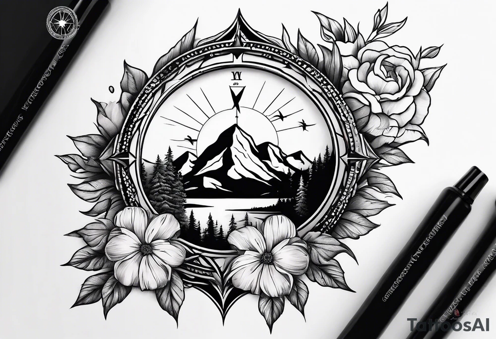 Compass mountains flowers tattoo idea