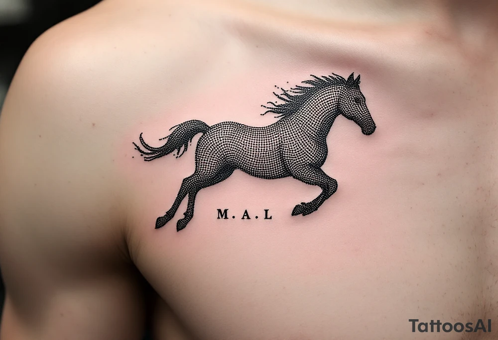 horse silhouette from the front which gallops from the front, with the 3 small letters discreetly integrated into the lines: M, A, L tattoo idea