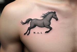 horse silhouette from the front which gallops from the front, with the 3 small letters discreetly integrated into the lines: M, A, L tattoo idea