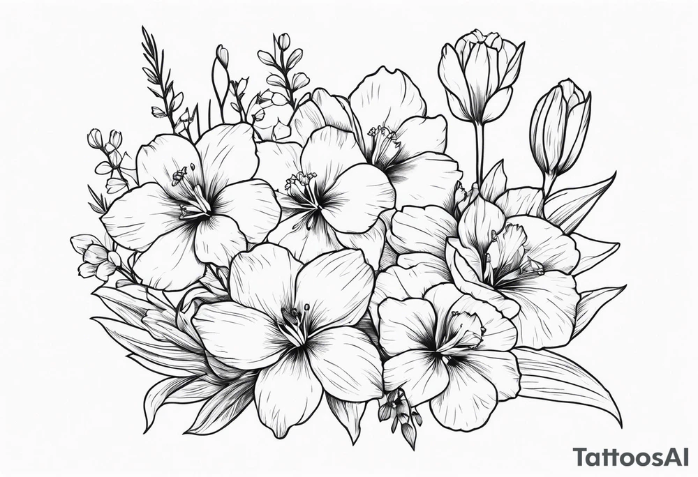 a minimalist style line art tattoo of a bouquet of violets, daffodils, gladiolus, and cosmos tattoo idea