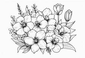 a minimalist style line art tattoo of a bouquet of violets, daffodils, gladiolus, and cosmos tattoo idea