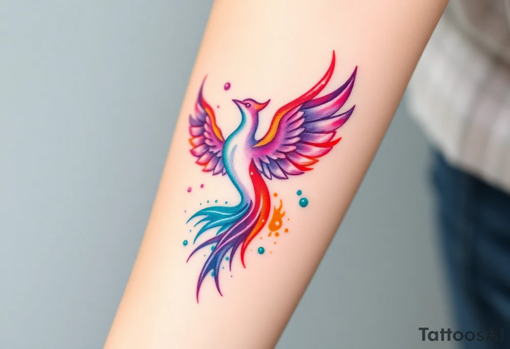 Phoenix in fire with purple, blue, orange, teal and green splashes, looking up tattoo idea