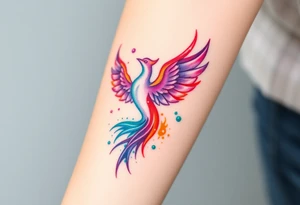Phoenix in fire with purple, blue, orange, teal and green splashes, looking up tattoo idea