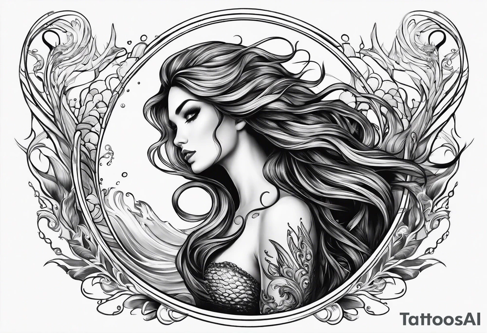 mystical sultery
 mermaid with long 
flowing tail and hair, tattoo sleeve tattoo idea