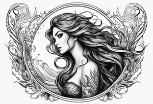 mystical sultery
 mermaid with long 
flowing tail and hair, tattoo sleeve tattoo idea