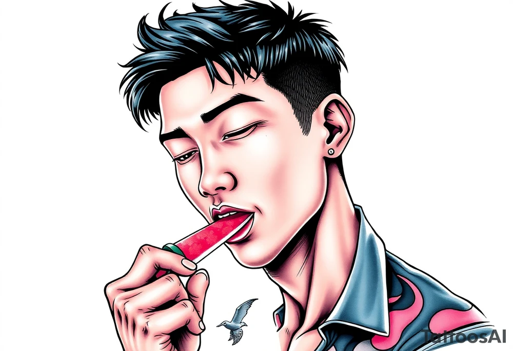 Handsome Asian young guy is licking a ritual knife tattoo idea