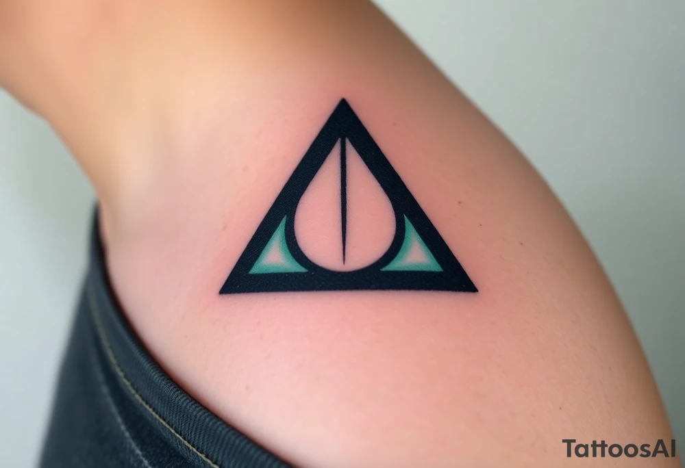 A geometric Deathly Hallows full symbol filled with gradient shades of emerald green and dark obsidian tattoo idea